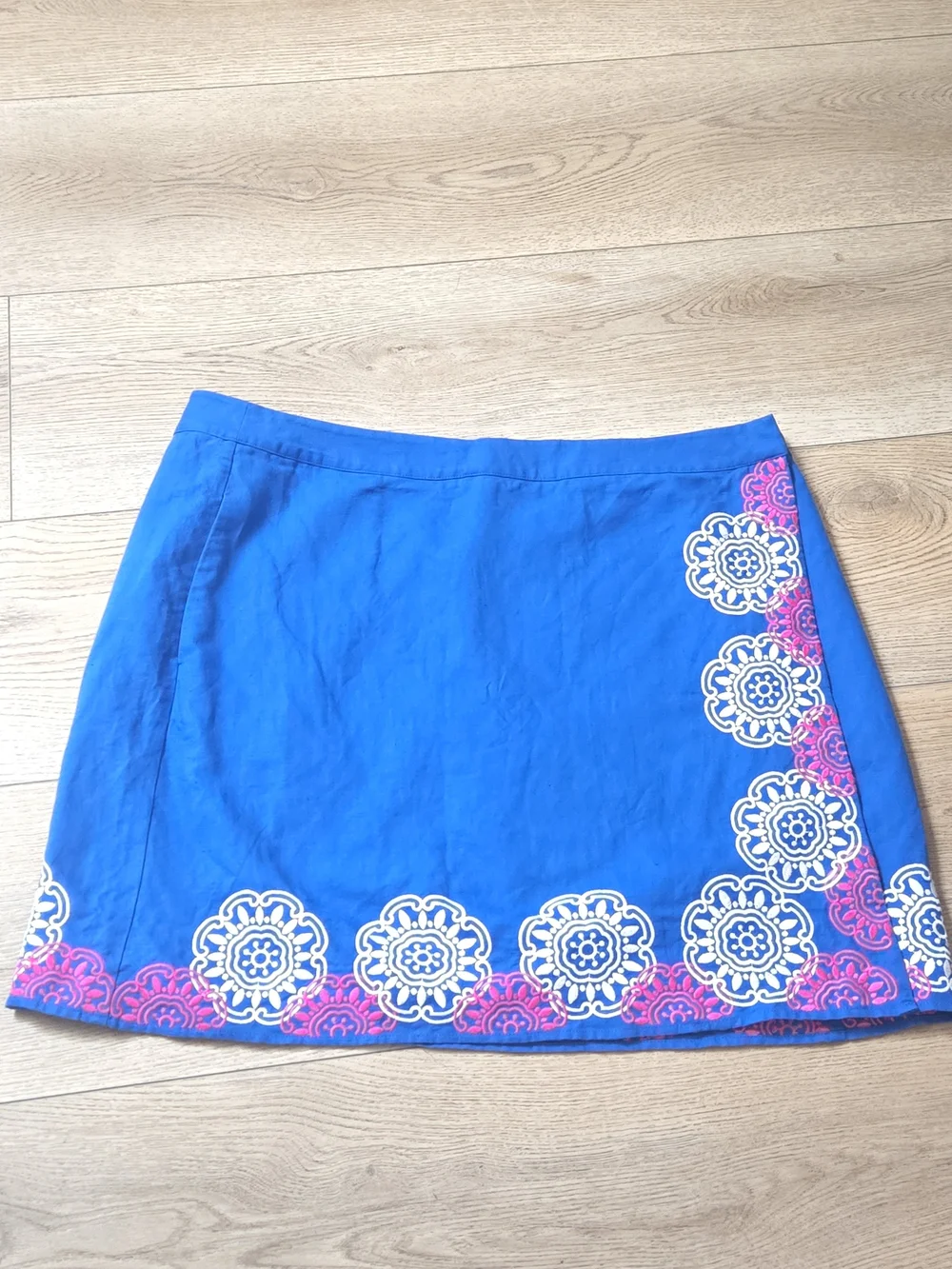 Boden Blue Mini Wrap Skirt with Pink  And White Embroidery Floral Border.